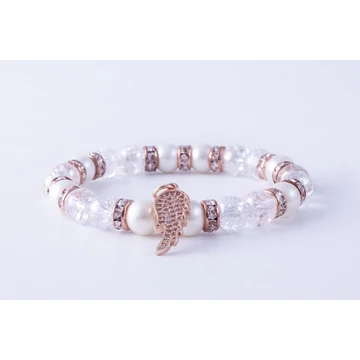 Roppantott láng-aura kvarc-majorika gyöngy ásvány karkötő rosegold cirkóniás tárcsával, angyalszárnnyal díszítve
