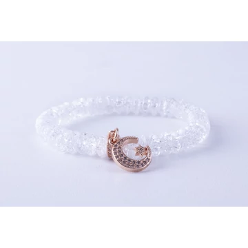 Lencse alakú roppantott hegyikristály ásvány karkötő cirkóniás rosegold holdacskával díszítve