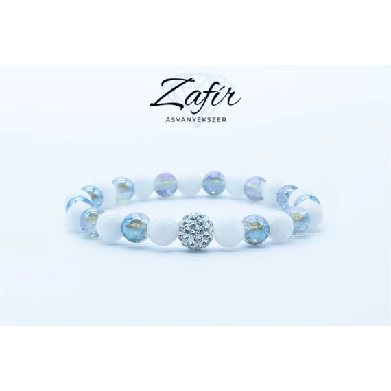 Roppantott láng-aura fehér jade ásvány karkötő shamballa golyóval díszítve