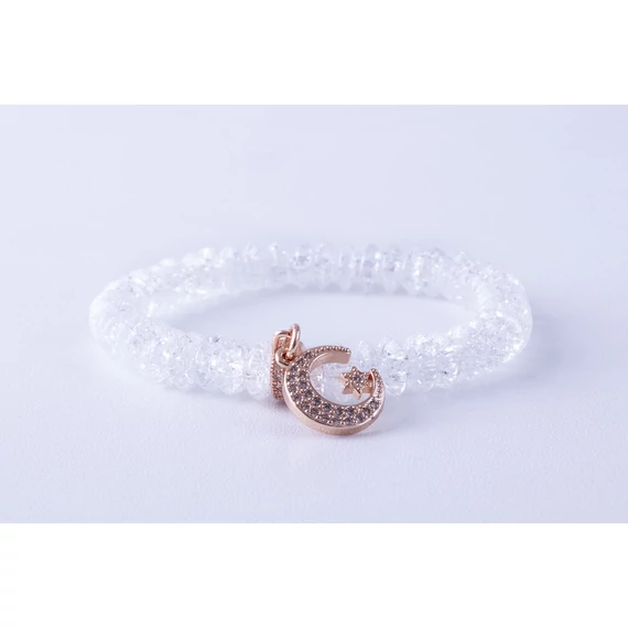 Lencse alakú roppantott hegyikristály ásvány karkötő cirkóniás rosegold holdacskával díszítve
